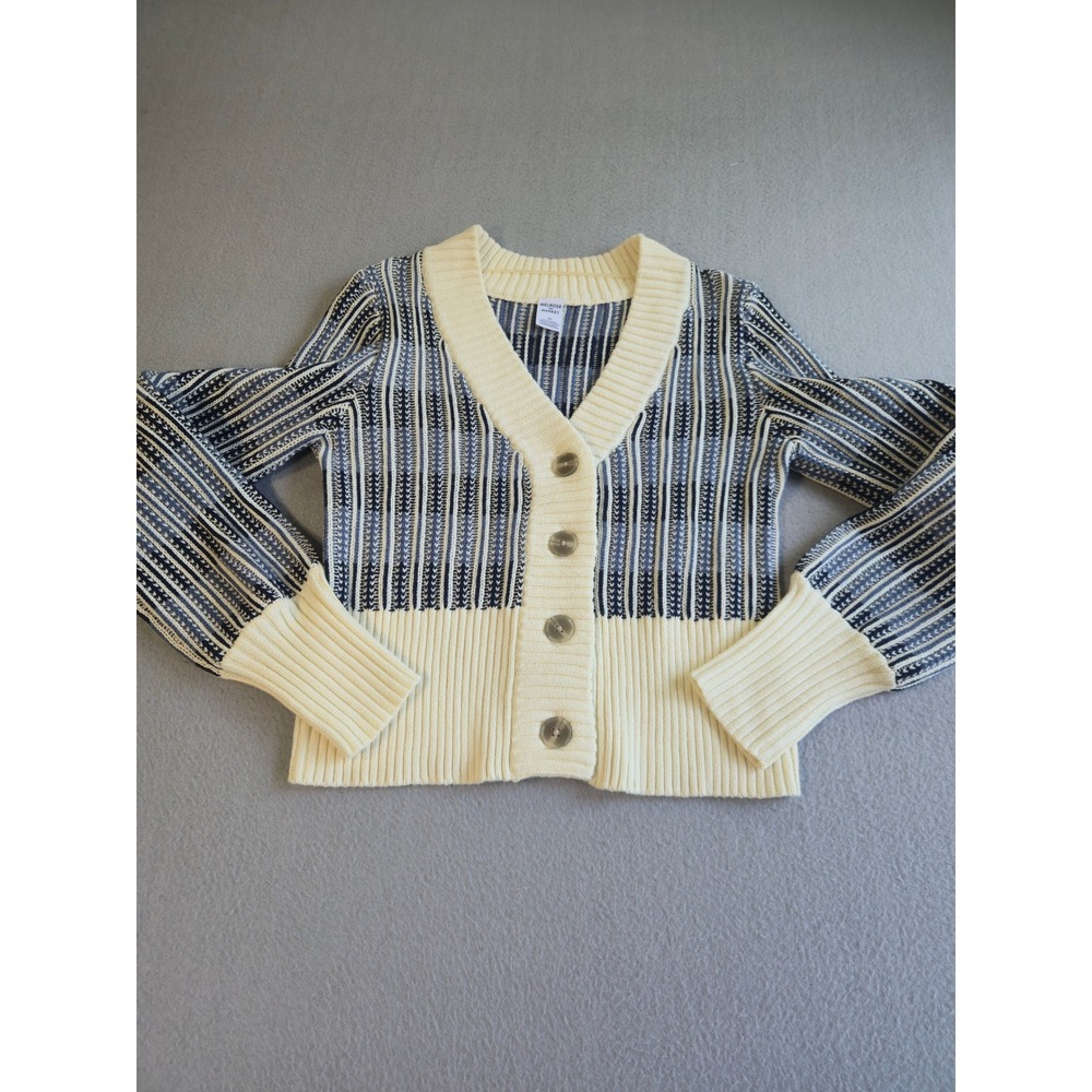 Melrose and Market Cardigan Sweater Women XXS Cream Blue‎ Striped V-Neck Button